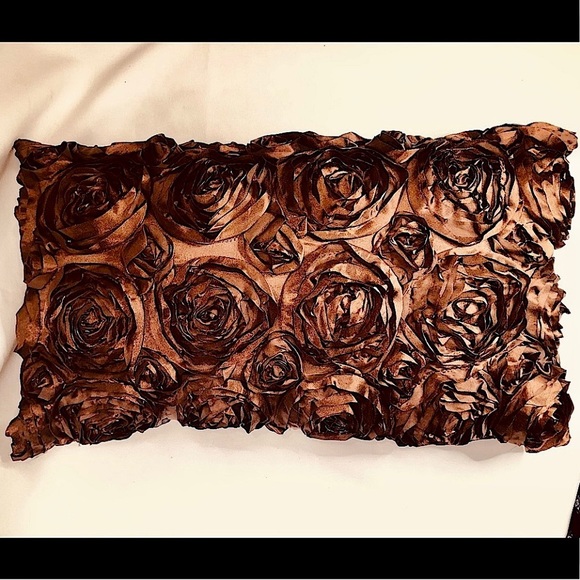 BROWN LUMBAR PILLOW SILKY SATIN ROSES SMOOTH PLAIN BACK HANDMADE 23 1/2x14 1/2 - Picture 1 of 6